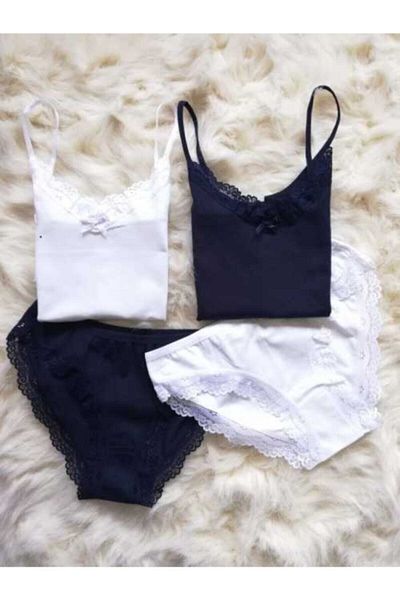 KOTA Women's Navy Blue and White 2 Piece Thread Strap Undershirt Panties Set