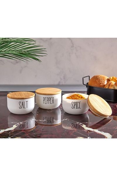 morponi 3-Piece Glass Spice Set with Bamboo Lid Luxury Kitchen Set 380 Ml White