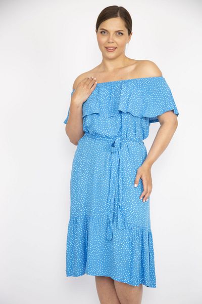 Şans Rochie de damă, albastră, țesătură din viscoză, cu guler Madonna, cu curea 65n36476