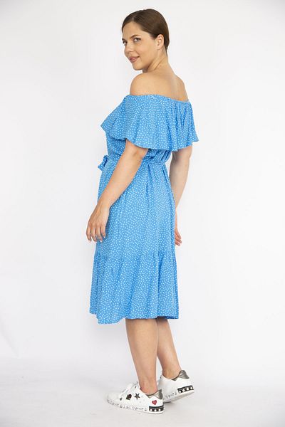 Şans Rochie de damă, albastră, țesătură din viscoză, cu guler Madonna, cu curea 65n36476