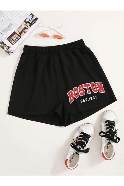 Mythologie Boston Combed Cotton Short Shorts - Black, Printed, High Waist, Knitted, Pocket, Women