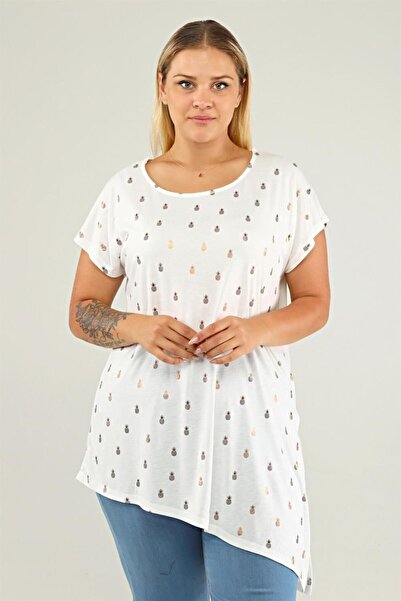 Seamoda Pineapple Print Detailed Side Tie Large Size Women's Daily Use Comfortable Stylish Tunic-ecru