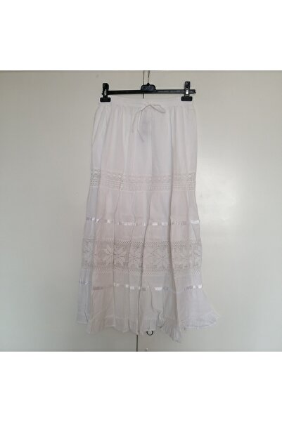 Butik Tülin Otantik Pamuk Beyaz Katlı Parçalı Astarlı Beli Lastikli Etek Hint...
