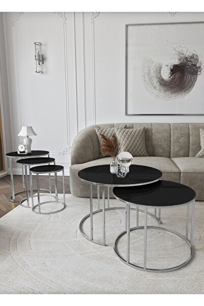 Puklife Ceylin Zigon ve Yavrulu Orta Sehpa Seti Gümüş Ayak Siyah Ayna