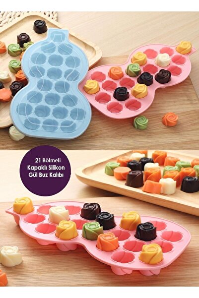 Hyd 2 Adet Pratik 21 Bölmeli Silikon Kapaklı Gül Şekilli Buz Kalıbı Sunum Buz Küpü Kalıp