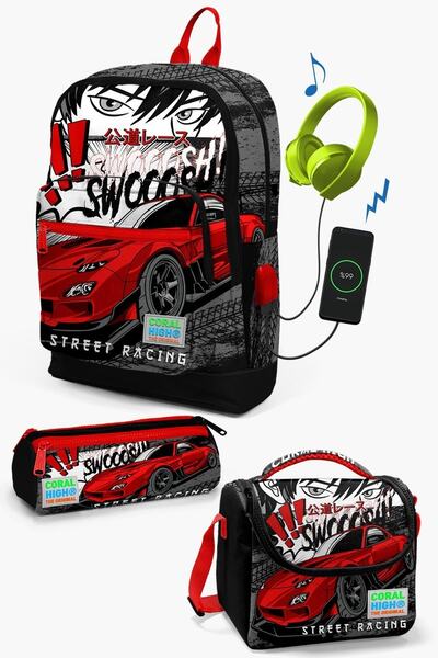 Coral High Kids Siyah Kırmızı Anime Araba Desenli USB'li 3’lü Okul Çanta Seti...