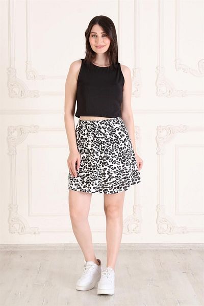 Seamoda Leopard Patterned Elastic Waist Pieced Mini Skirt