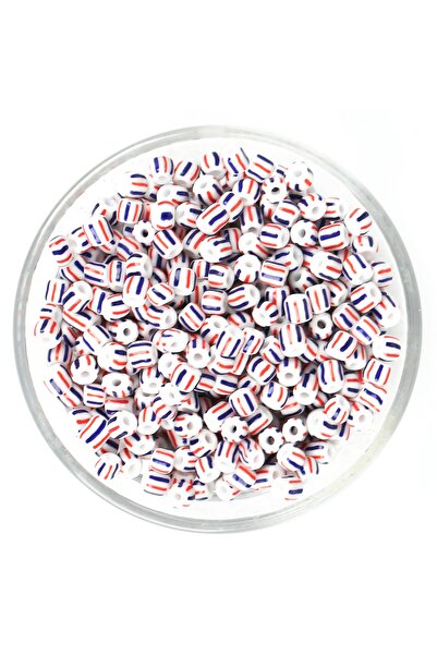 yfhobi 25 Gram- 5 mm MAVİ KIRMIZI BEYAZ ÇİZGİLİ DESEN CAM KUM BONCUK, TAKI YA...