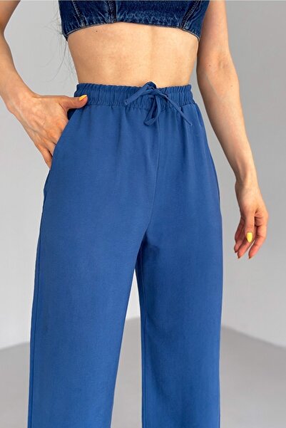FEMELLE Women's Blue New Season Double Pocket Drawstring Waist Modal Fabric Wide Leg Trousers