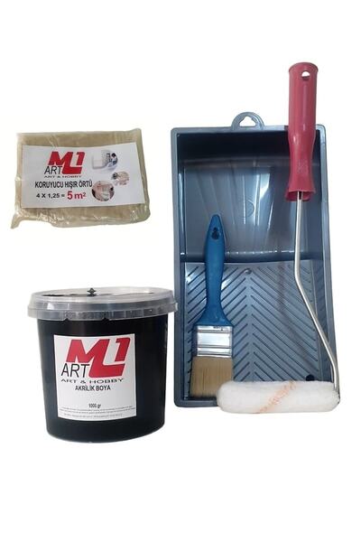 m1 art SİYAH Akrilik Boya 1.kg Tava+Rulo+Örtü +Fırça -SET -Ahşap, Tuval, Sera...