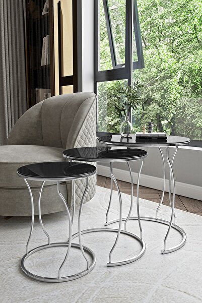 Puklife Rüya 3lü Zigon Sehpa Gümüş Ayak - Füme Ayna