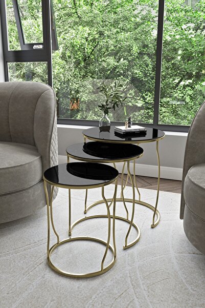 Puklife Rüya 3lü Zigon Sehpa Gold Renk Metal Ayak Siyah Kırılmaz Ayna