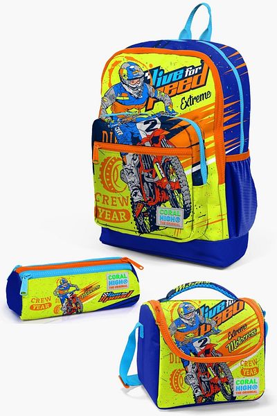 Coral High Evidențiator pentru copii Yellow Saks Set de geanți de școală cu model de motocicletă din 3 piese