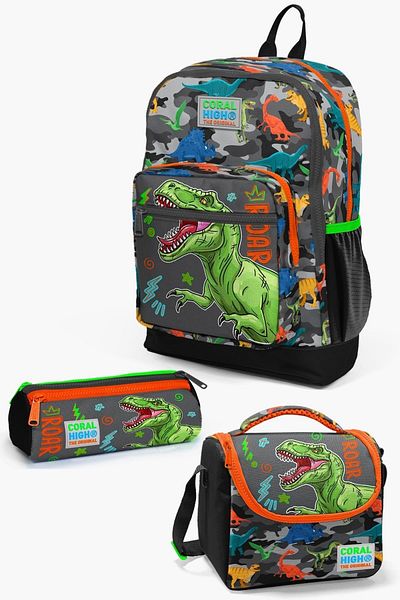 Coral High Set de geanți de școală din 3 piese cu model de dinozaur negru gri pentru copii SET0123744