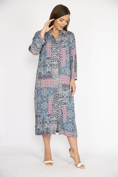 Şans Rochie de damă, albastră, mărime mare, țesătură din viscoză, lungă, cu nasturi în față 65n36473