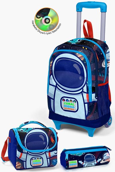 Coral High Kids Saks Blue Astronaut Patterned 3-Piece Bag Set with Squeegee0123924