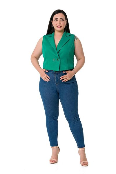DISENTIS MODEST Plus Size Double Breasted Double Button Green Mini Vest