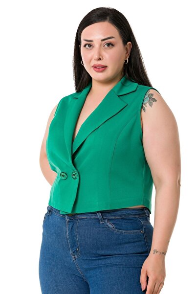 DISENTIS MODEST Plus Size Double Breasted Double Button Green Mini Vest