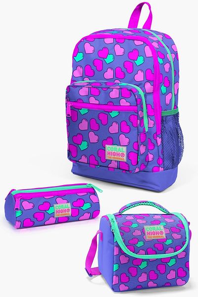 Coral High Set de geanți de școală 3 piese cu model inimă roz lavandă pentru copii SET0123463