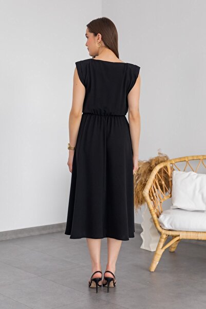 bayansepeti Γυναικείο βραδινό φόρεμα γυναικείο ελαστική μέση με λεπτομέρεια φλάντζα κοπής με επένδυση μίντι μήκους ΧΩΡΙΣ ΖΩΝΗ Μαύρο βραδινό φόρεμα 083