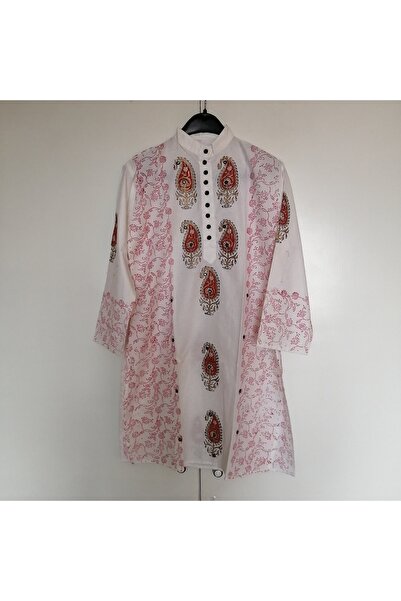 Butik Tülin Otantik pamuk beyaz el baskı çiçek şal desenli minik aynalı düğme...