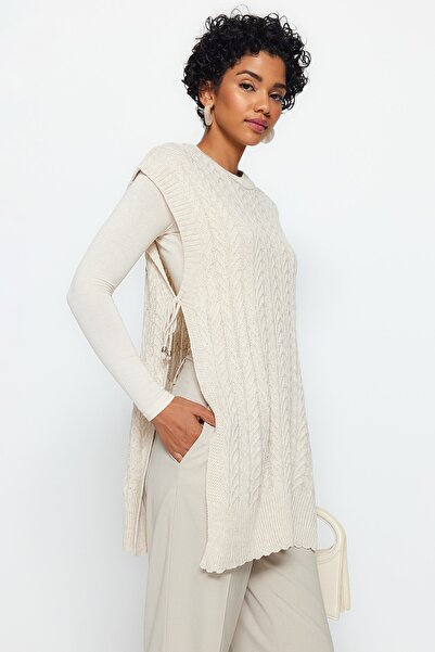 Trendyol Modest Beige Tie Detailed V-Neck Knitwear Sweater TCTAW24UV00014