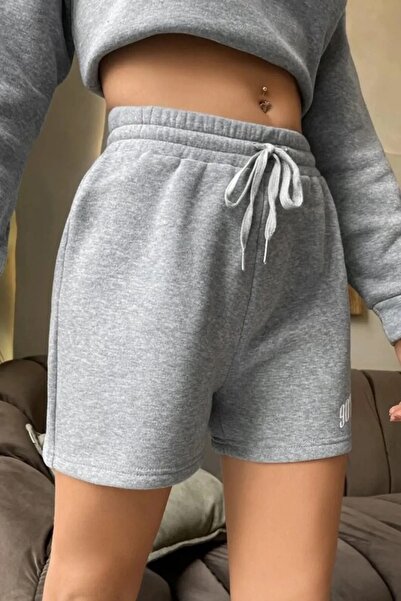 MODAGEN Kadın Gri 90'S Baby Baskılı Beli Lastikli Kısa Penye Şort