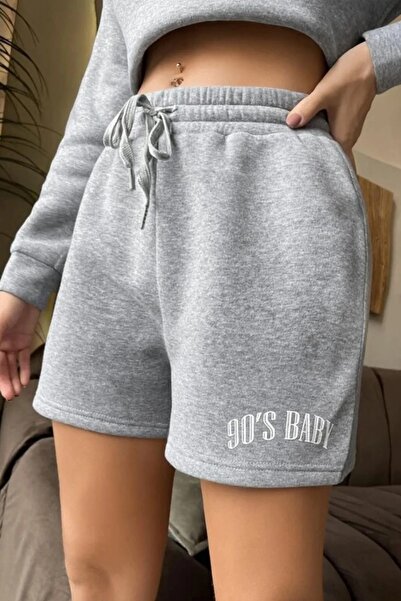 MODAGEN Kadın Gri 90'S Baby Baskılı Beli Lastikli Kısa Penye Şort