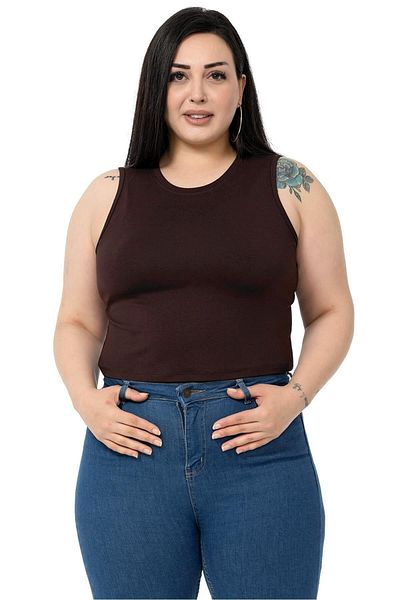 DISENTIS MODEST Plus Size Crew Neck Αμάνικο Crop Viscose Brown Body
