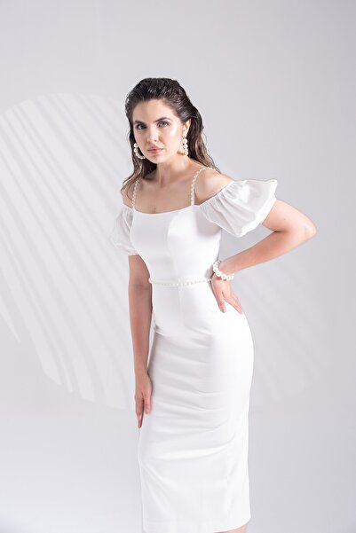 isolamia Balon Kollu Inci Detaylı Kalem Midi Boy Beyaz Elbise