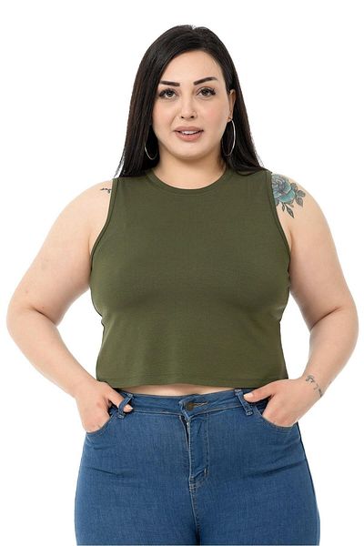 DISENTIS MODEST Plus Size Crew Neck Sleeveless Crop Viscose Khaki Body