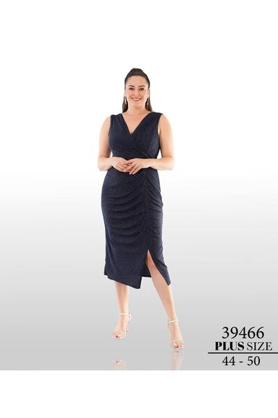 sarebutik Lacivert Simli Esnek Kumaş Kolsuz Midi Boy Büyük Beden Elbise Abiye