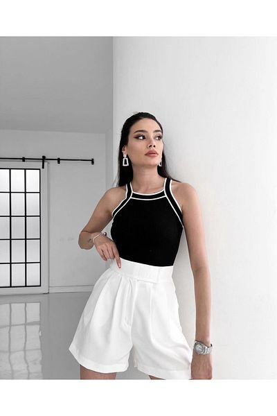 laughs Women's Halter Collar Strap Stripe Detailed Thin Seasonal Knitwear Blouse Kn1000