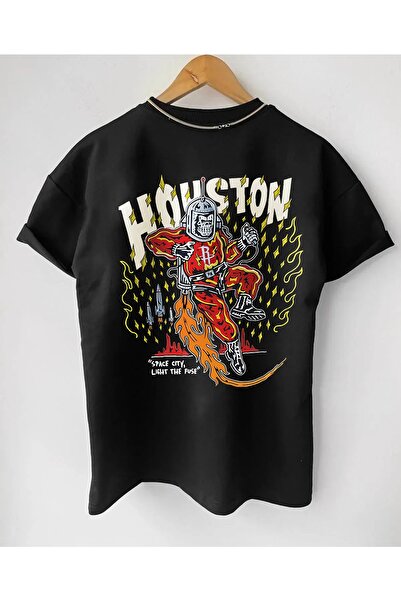 Adrift تيشيرت هيوستن روكتس ريترو من القطن المطبوع كبير الحجم بياقة دائرية وأك...