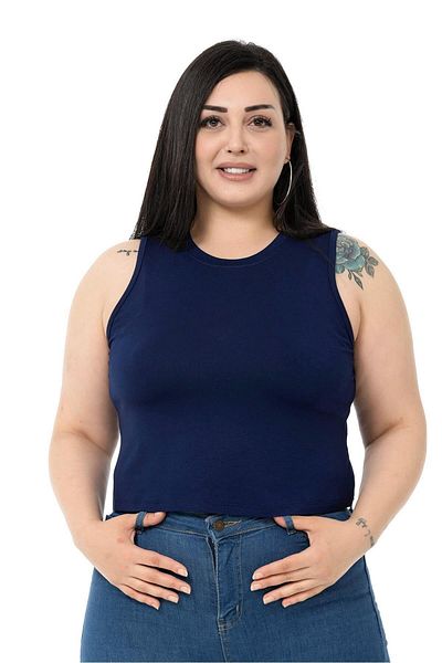 DISENTIS MODEST Plus Size Crew Neck Sleeveless Crop Viscose Navy Blue Body