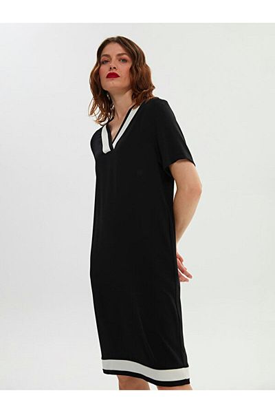 Faik Sönmez Color Blocked V-neck Short Sleeve Woven Dress 66273