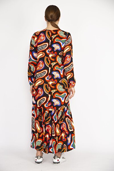 Şans Жіночий кольоровий великий розмір тканий віскозний одяг з довгими рукавами та підігнутим низом 65n36470