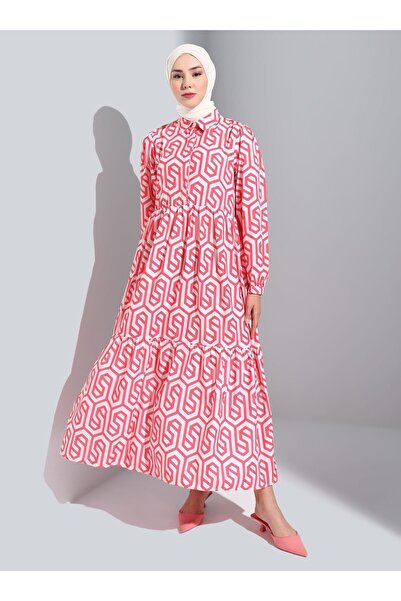 Refka Geometric Patterned Half Placket Hijab Dress - Coral - Casual