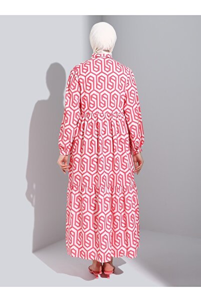 Refka Geometric Patterned Half Placket Hijab Dress - Coral - Casual