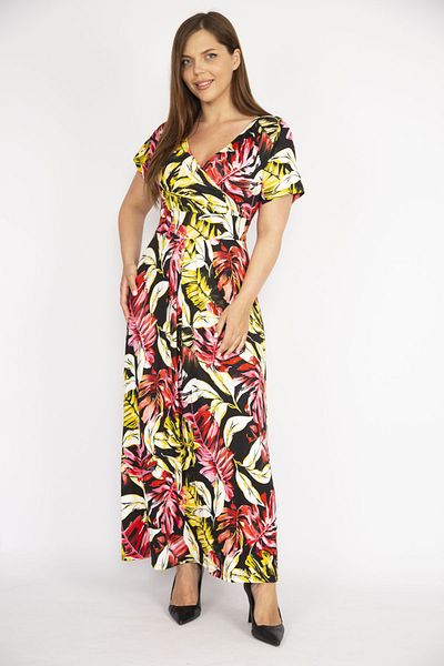 Şans Women's Colorful Large Size Wraped Collar Long Dress 65n36469