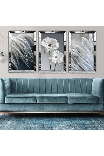Teknograf 3 Parçalı Çiçek Dekorasyonlu Gümüş Pleksi MDF Tablo