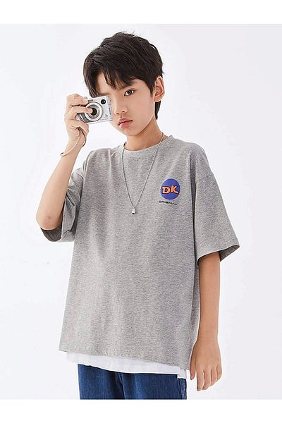 Benisengiydir Boy's Gray Dk Printed Oversize Crew Neck Tshirt