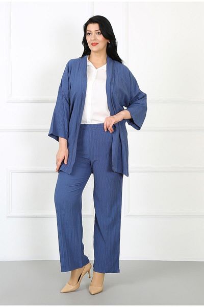 By Alba Collection Women's Indigo Wrapped Waist Full Elastic Large Size Trousers