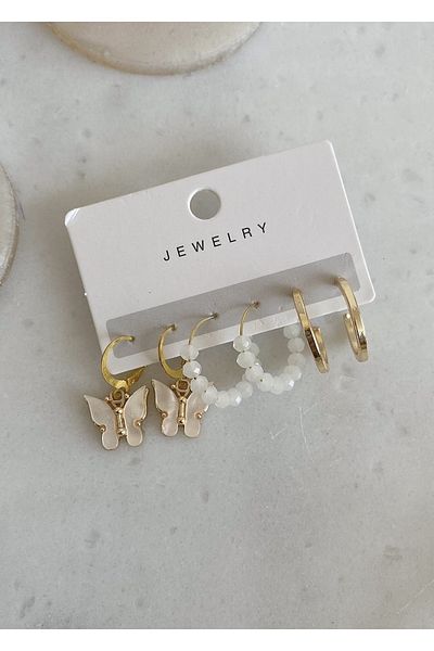 takıtarzım Butterfly mother-of-pearl cream earrings set of 3