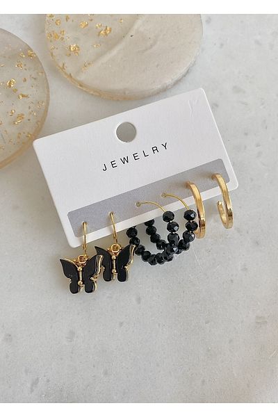 takıtarzım Black mother-of-pearl butterfly women's earrings set of 3