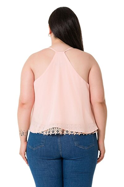 DISENTIS MODEST Plus Size Back Low-cut Lace Detailed Chiffon Powder Blouse
