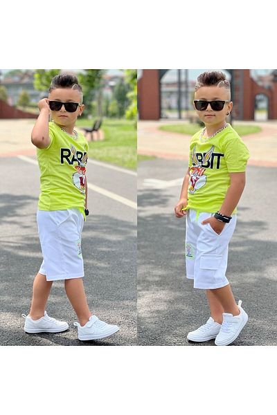 YARENKİDS Costum de vară dublu verde cu imprimeu Bugs Bunny pentru băieți 4-5-7-9-11 ani 100% bumbac
