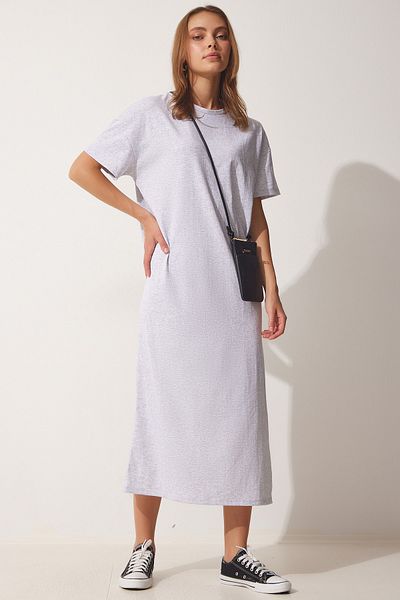 Happiness İstanbul Women's Gray Cotton Summer Daily Combed Cotton Dress UB00080