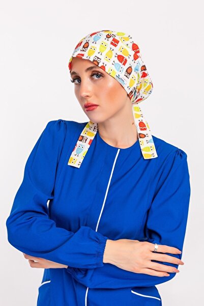 Nur Medikal Giyim Kadın Sarı Baykuş Desenli Tessetür Hemşire Doktor Bone