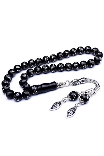 TAŞHAN Gümüş Piramit İşlemeli Oltu Taşı Tesbih